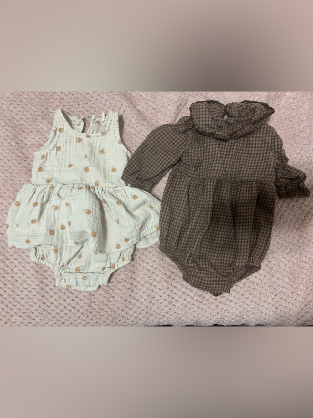 Quincy Mae Cream Polka Dot Baby Romper & Brown Gingham Romper - 2pc Set